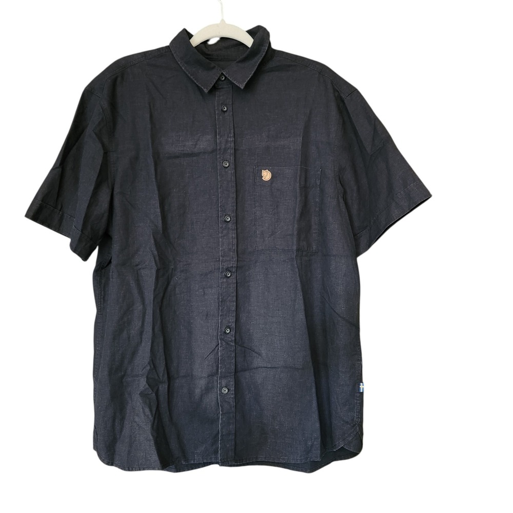 Fjallraven Ovik Travel Shirt SS Mens Large Black Short Sleeve Linen